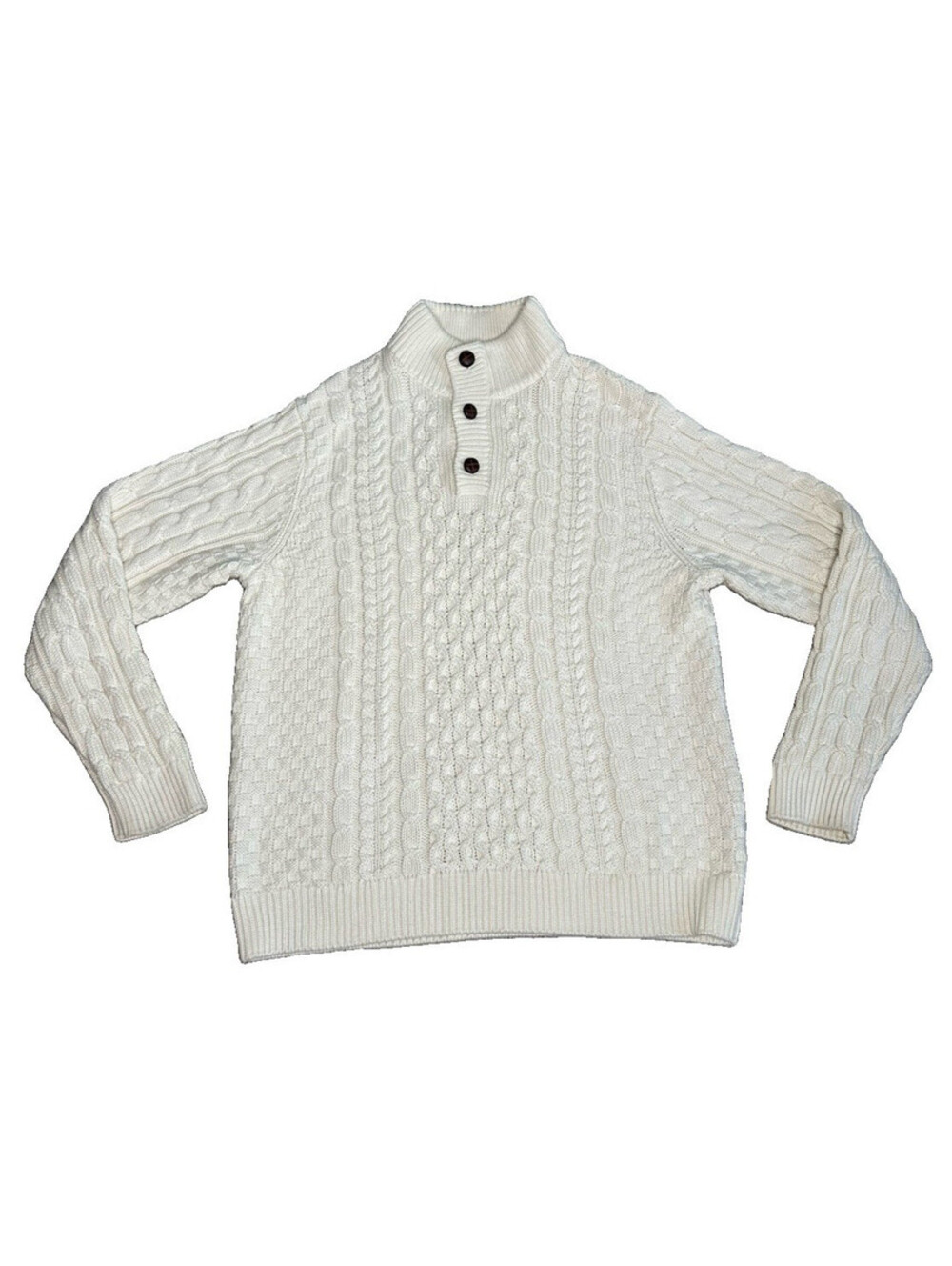 LL Bean Fisherman Cable Knit Cotton Sweater L Ivory Mock Neck Leather Button